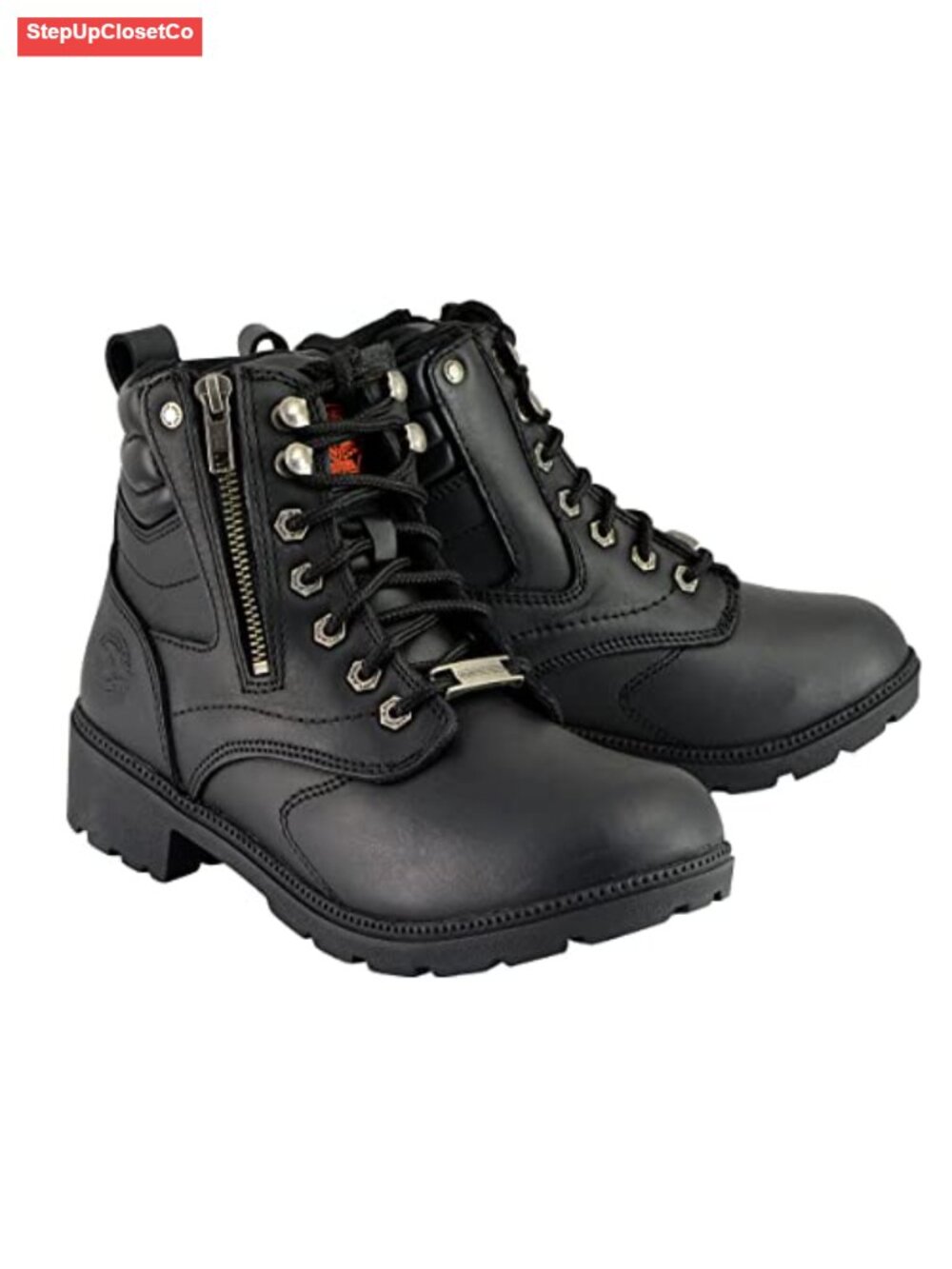 Women's Full Grain Leather Lace-Up Mid-Calf Motorcycle Boots Waterproof Wide